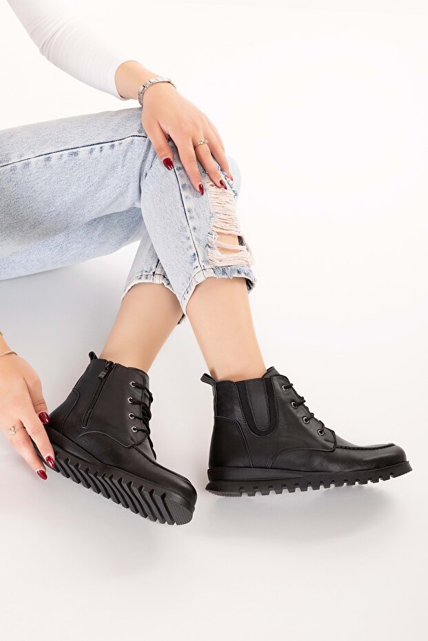 Genuine Leather Non-Slip Sole Comfortable Daily Stylish Boots Mlk.5087 Black