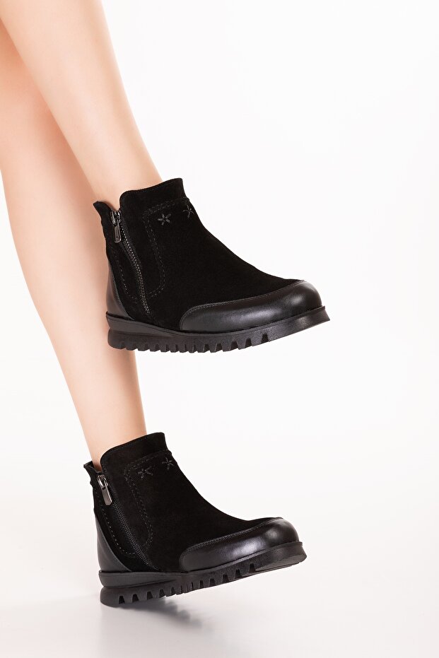 Genuine Leather Non-Slip Sole Comfortable Daily Stylish Boots Mlk.6028 Black Suede