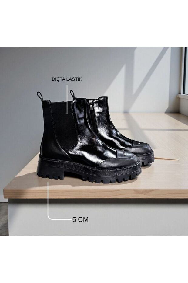 Black Genuine Leather Patent Leather Garni Detailed Women's Boots