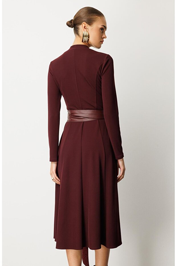Deri Kuşaklı Örme Elbise BORDO - 7