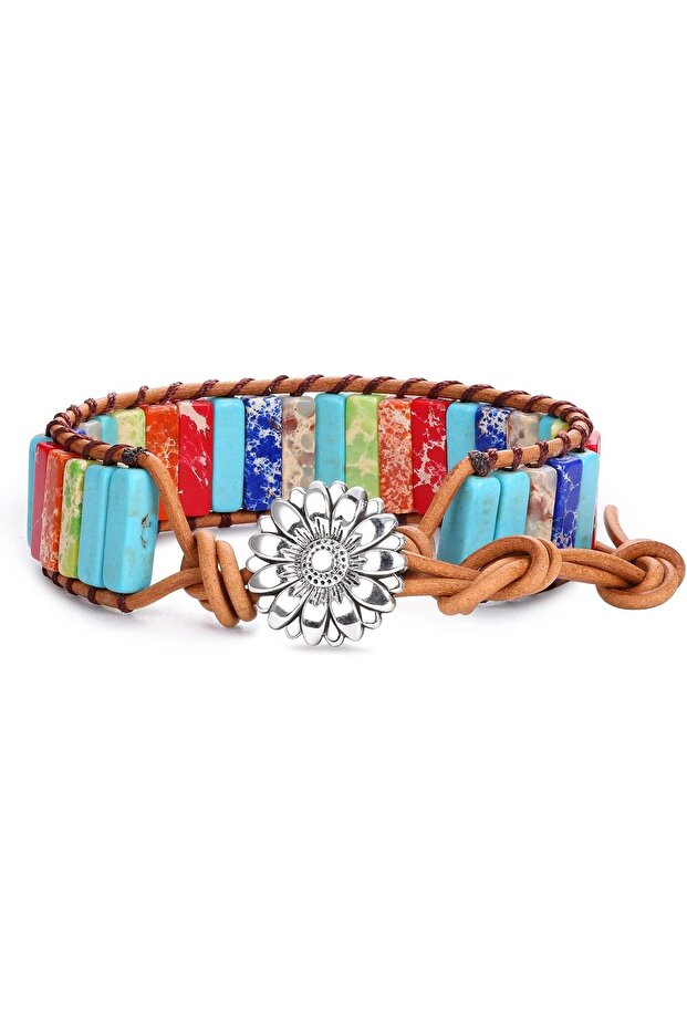 Handmade Colorful Natural Stone Bracelet – Flower Motif Button, Adjustable Leather Weave Design