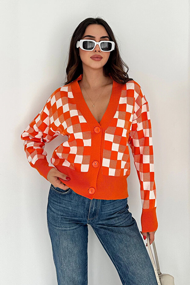 Square Patterned Short Cardigan Orange