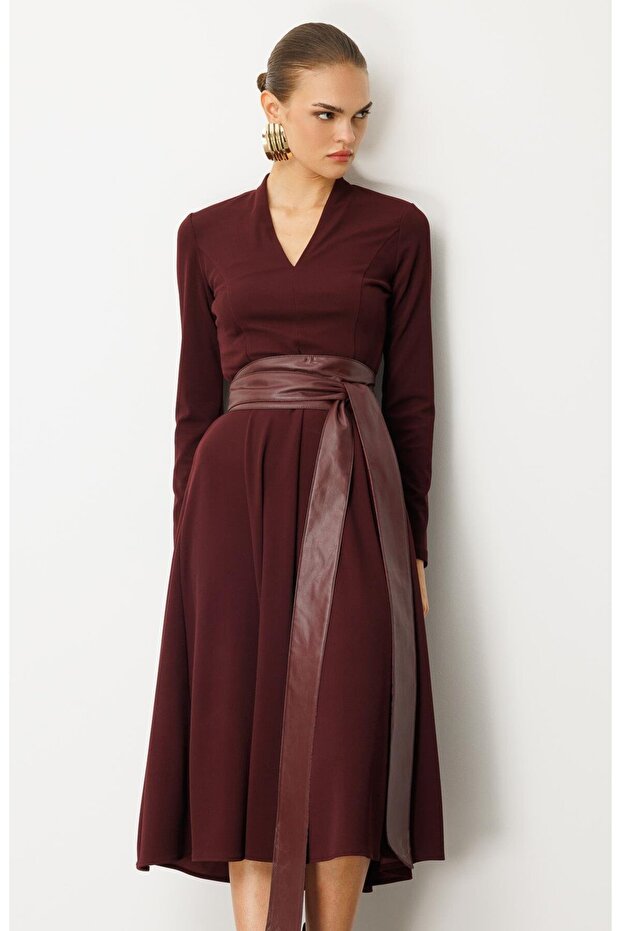 Deri Kuşaklı Örme Elbise BORDO - 4