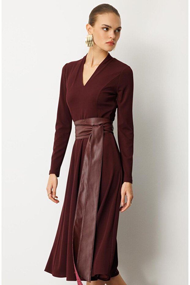 Deri Kuşaklı Örme Elbise BORDO - 3