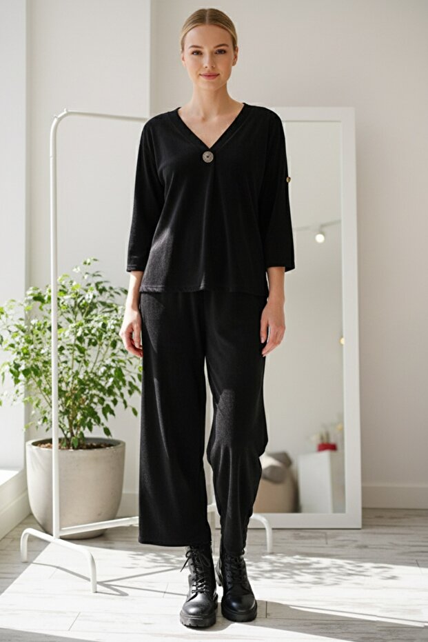 Italian Black Long Sleeve Elastic Waist Slim Fi Corded Fabric Adife Woven Bottom Top Set 67/64 103/58