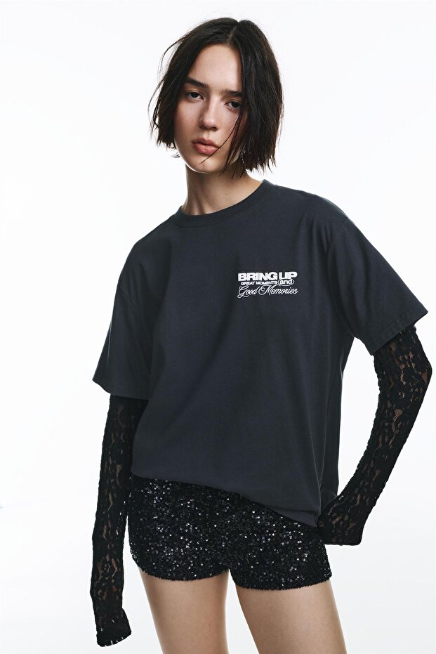 Dantelli çift kollu t-shirt - 6