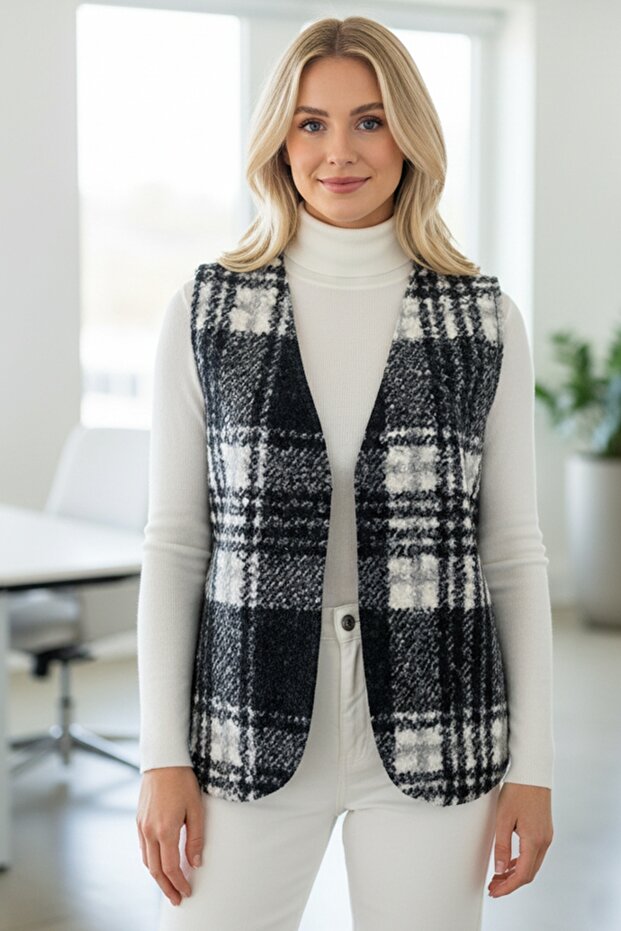 Italian Black-And-White V-Neck Sleeveless Plaid Non-Closed Thick Casual Acrylic Woven Vest 64 54
