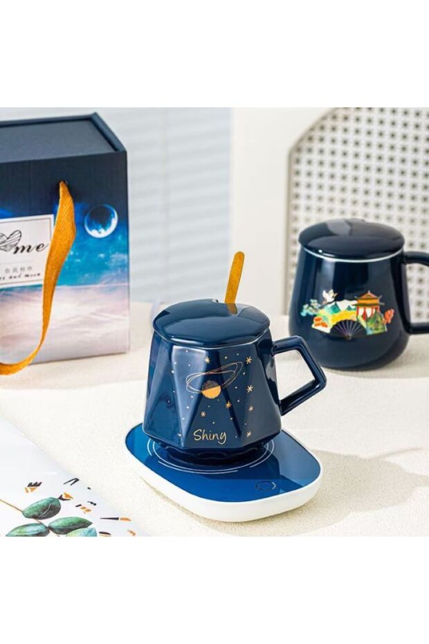 Ceramic mug set with heating base, touch button, auto-off function, capacity 400 ml, Blue - 3