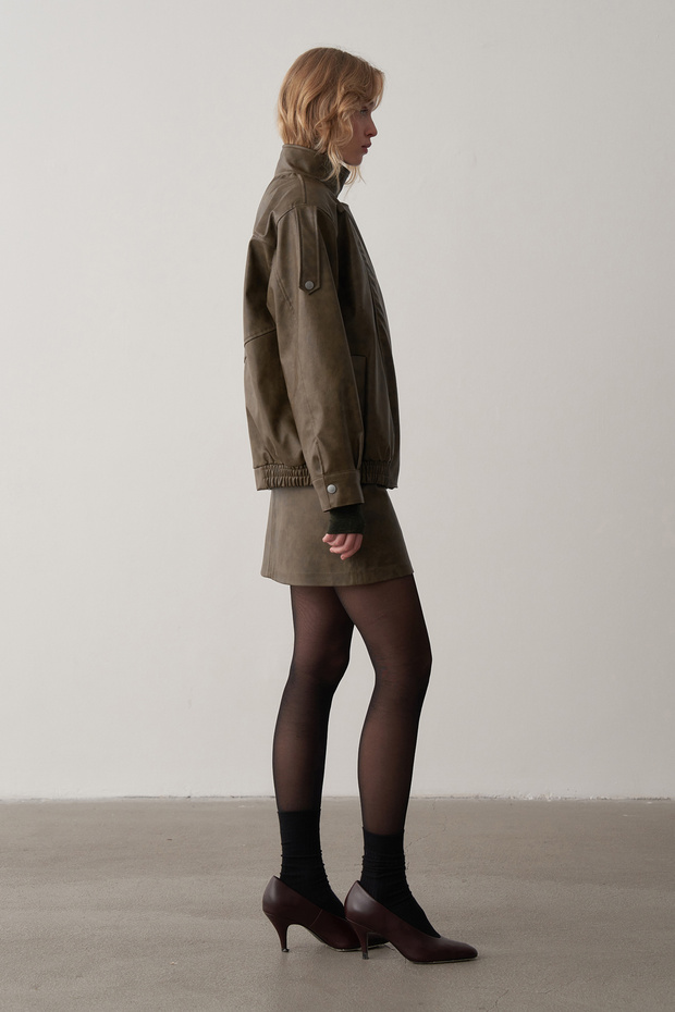 Haki Deri Mini Etek - 5