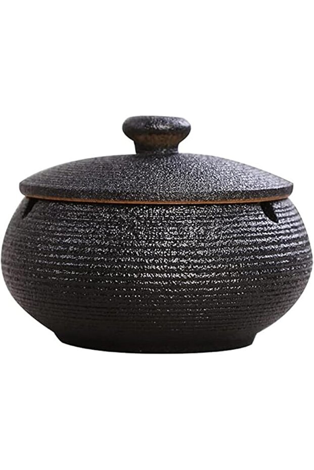 Ceramic Ashtray with Lid, Windproof Outdoor Desktop Ash Holder (Black)