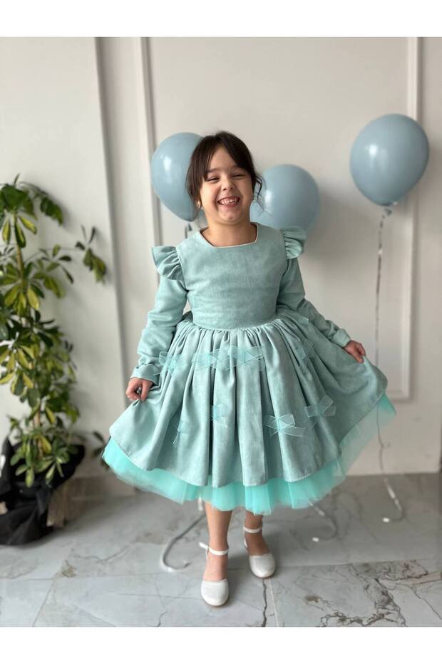 Girl's Turquoise Puffy Bow Detailed Long Sleeve Velvet Dress + Buckle