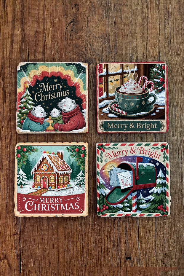 Natural Stone Coasters - Vintage Christmast Printed 10X10Cm New Year Stone Coasters 509