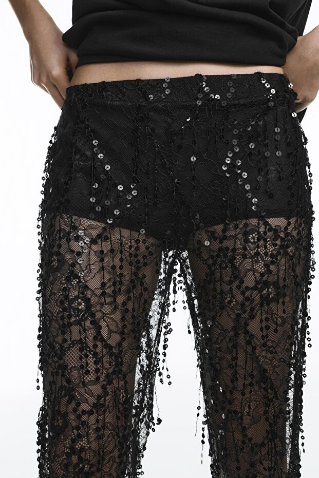 Pullu dantel çan pantolon - 5