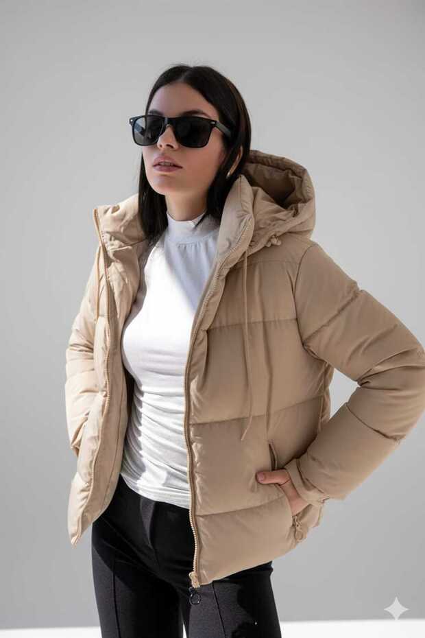 Women's Black Puffer Jacket Hooded Relax Fit