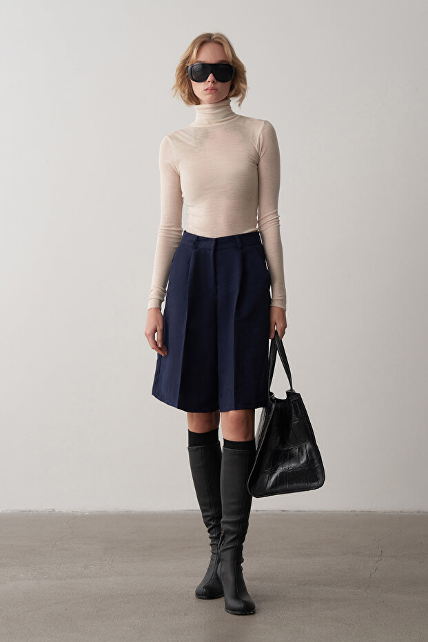 Lacivert Süet Bermuda Şort - 1