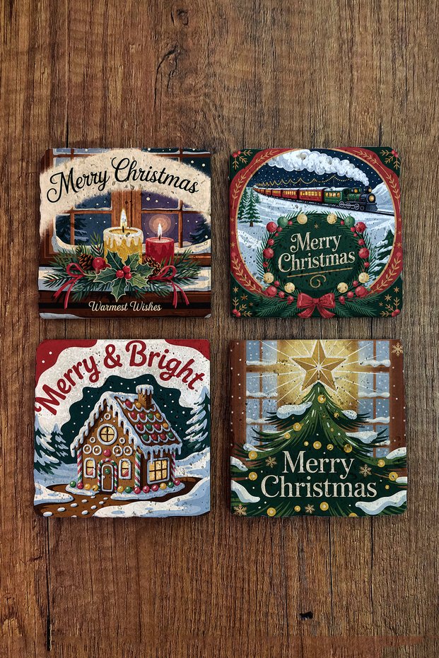 Natural Stone Coasters - Vintage Christmas Printed 10X10Cm New Year Stone Coasters 505