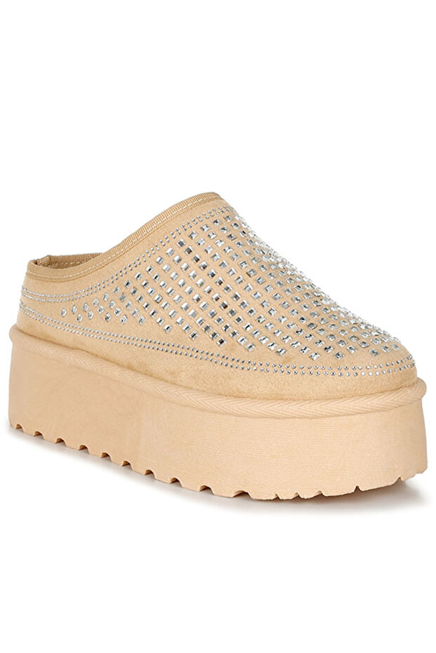Women Beige Rhinestones Embellished Platform Classic Slip-On