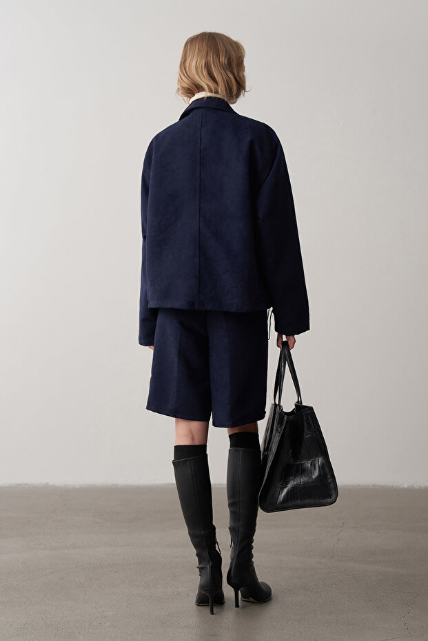 Lacivert Süet Bermuda Şort - 8