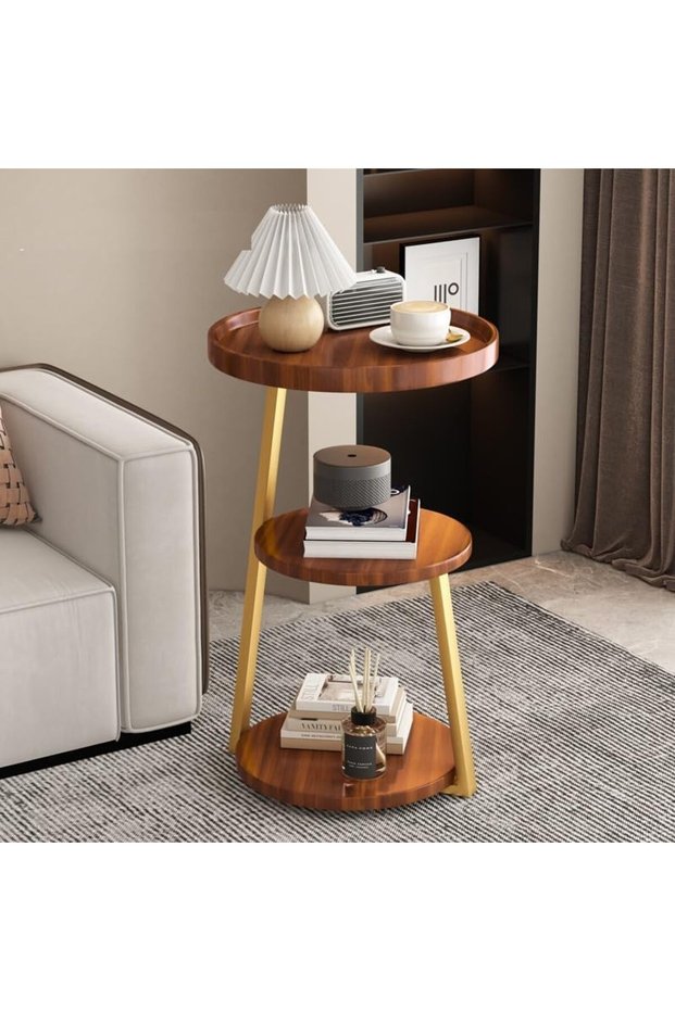 Round Side Table 3-Tier Storage Metal Small Coffee Table