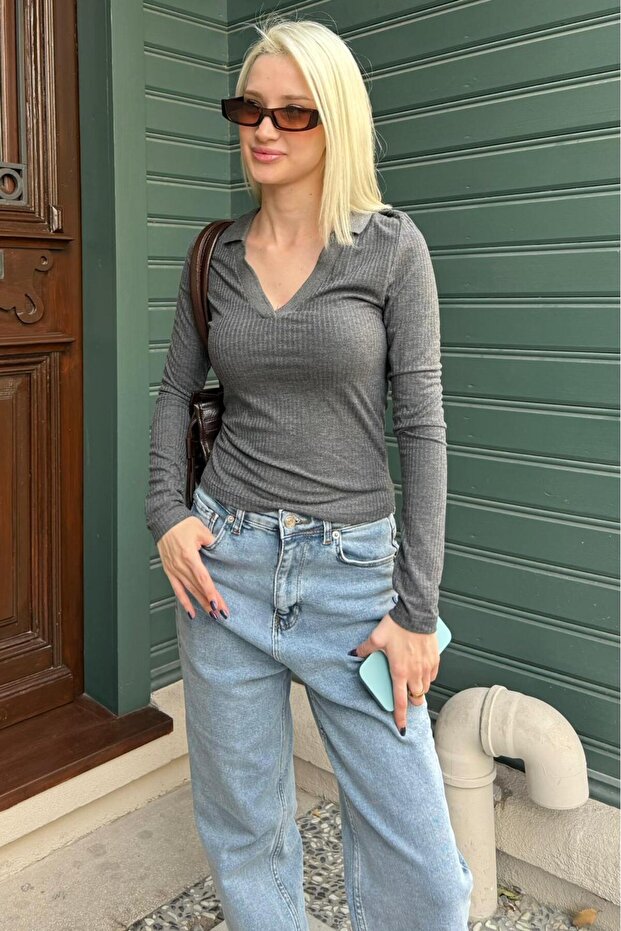 Anthracite Polo Neck Corded Fabric Women's Bodysuit Mg2566