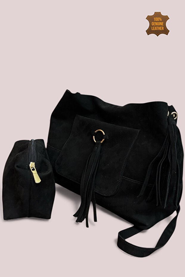Marilla 100% Genuine Nubuck Loose-fitting, Soft Leather Tasseled Elegant Design Shoulder and Crossbody Bag