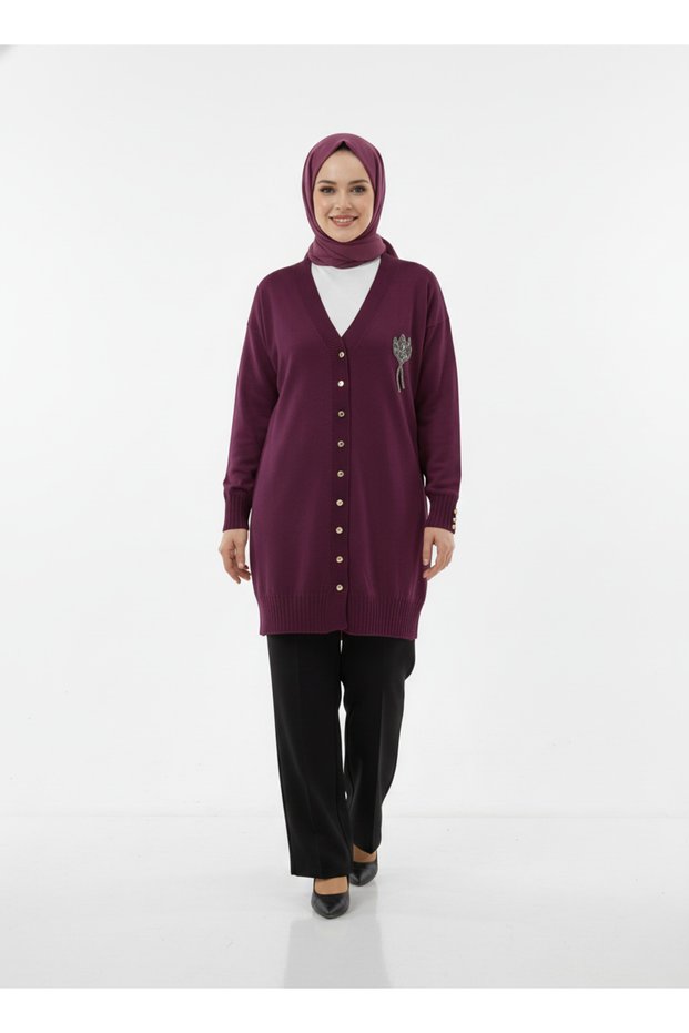 Gavessa Stone Embroidered Cardigan with Metal Buttons on the Sleeves and Front-Sy3260 Plum