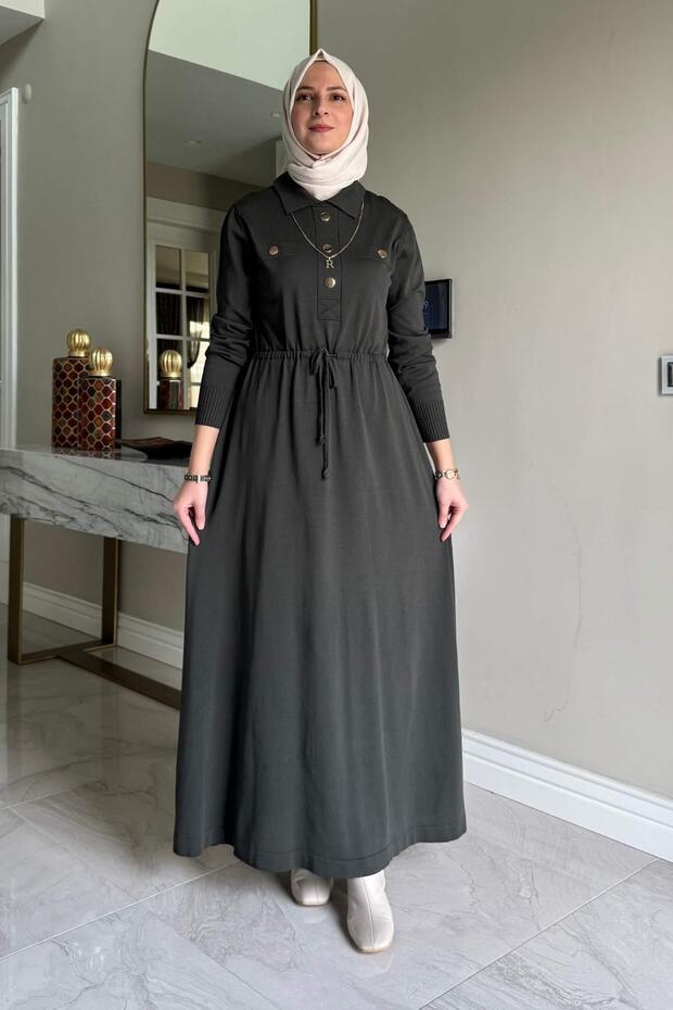 Hazan Triko Elbise Haki - 8