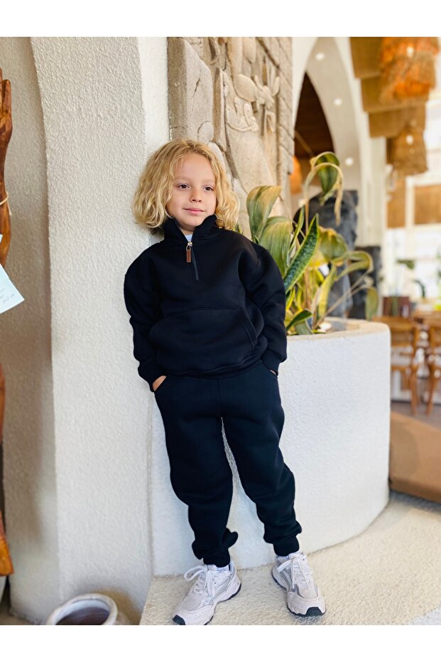 Boys / Girls Mock Neck Sweatshirt Kangru Pocket 3 Thread Ş Fleece-Lined Black