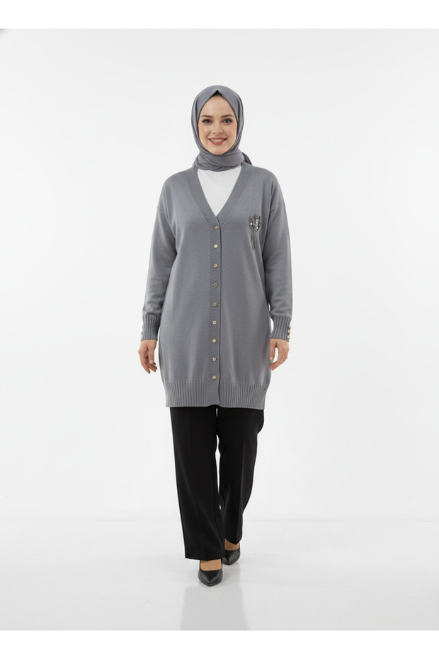 Gavessa Stone Embroidered Cardigan with Metal Buttons on the Sleeves and Front-Sy3260 Gray