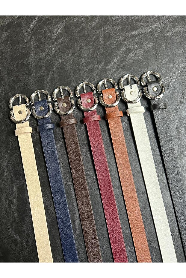 7-Piece Jade Double Ring Patterned Women's Silver Buckle Belt Coat Belt Dress Belt Trouser Belt