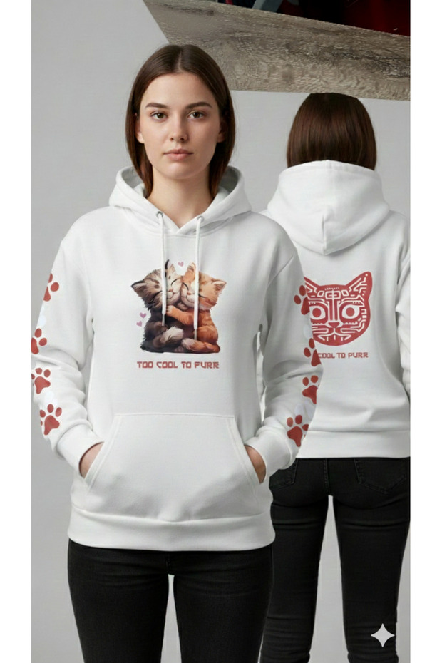 3-Yarn Brushed Hoodie with Cat and Cat Paw Print Oversized Sweatshirt
