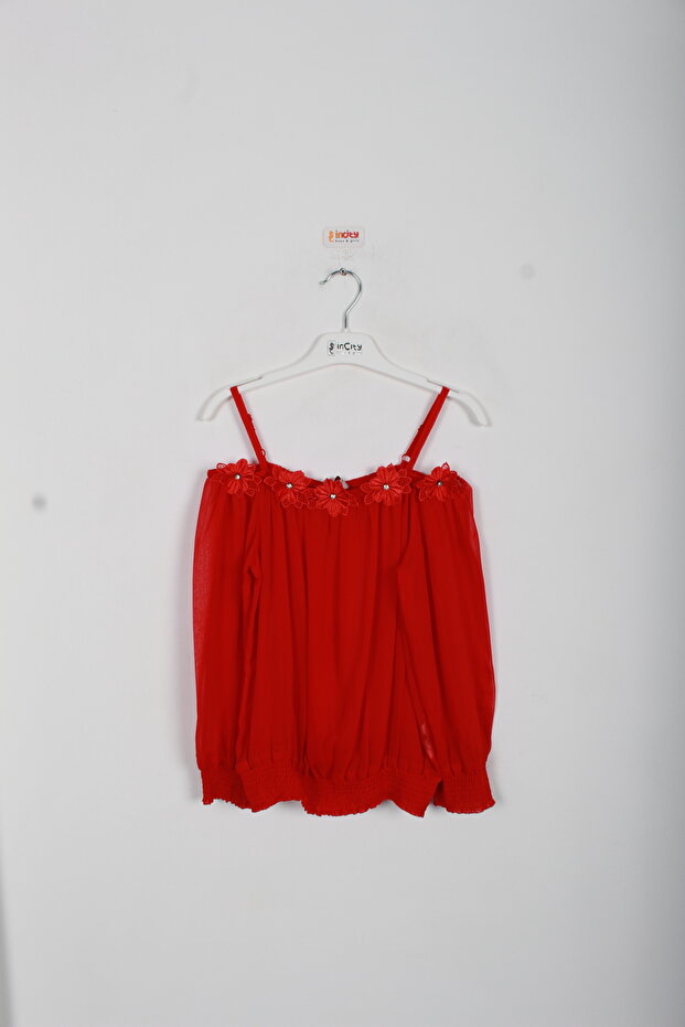 Girl's Floral Embroidered Chiffon Suspender Red Blouse