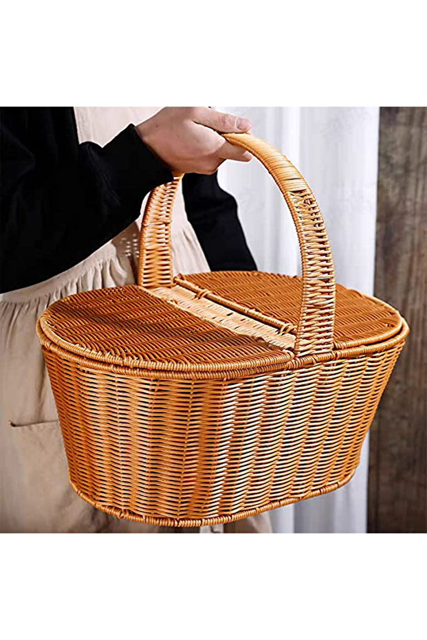 OneDcor Handmade Wicker Picnic Basket with Handle, 49x30x40 cm, Beige