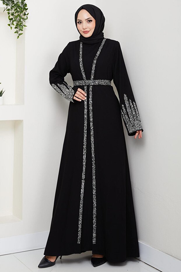 Stone-Detail Inner Abaya Set Black HM2858