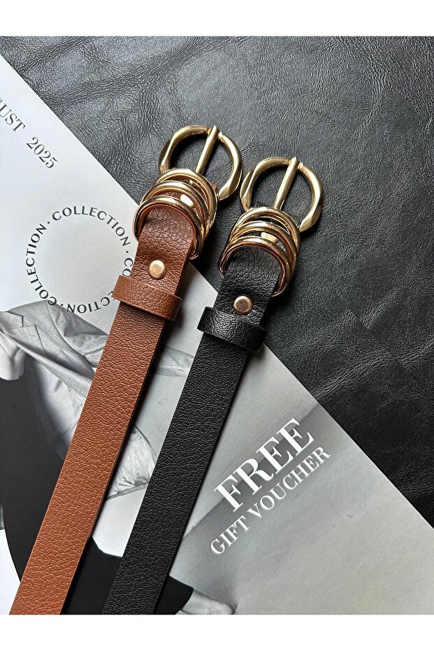 2-Pack Merge Multi-Ring Patterned Women's Gold Buckle Belt Coat Belt Dress Belt Trouser Belt