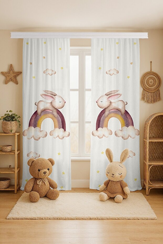 Rabbit Sleeping in the Rainbow Patterned Children's Baby Room Background Curtain (Single Panel Pricing)