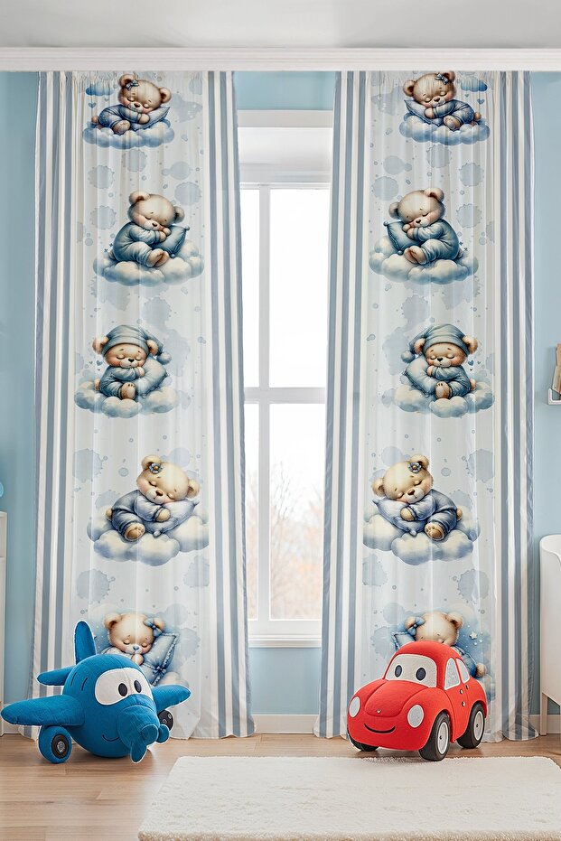 Cloud Sleeping Bears Patterned Children's Baby Room Background Curtain (Single Panel Pricing)