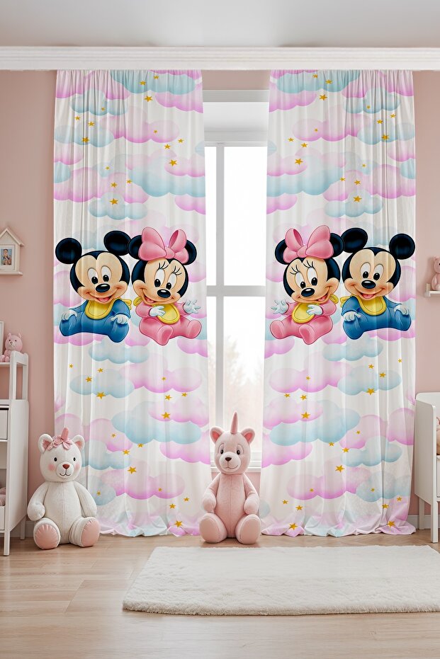 Cloudy Mickey and Minnie Patterned Children's Baby Room Background Curtain (Single Panel Pricing)