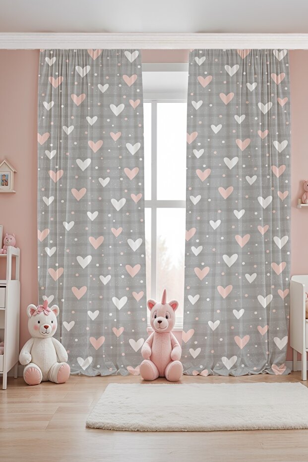 Gray Powder Hearts Patterned Children's Baby Room Background Curtain (Single Panel Pricing)
