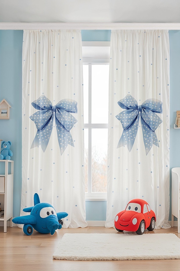 Blue Polka Dot Bow Patterned Children's Baby Room Background Curtain (Single Panel Pricing)