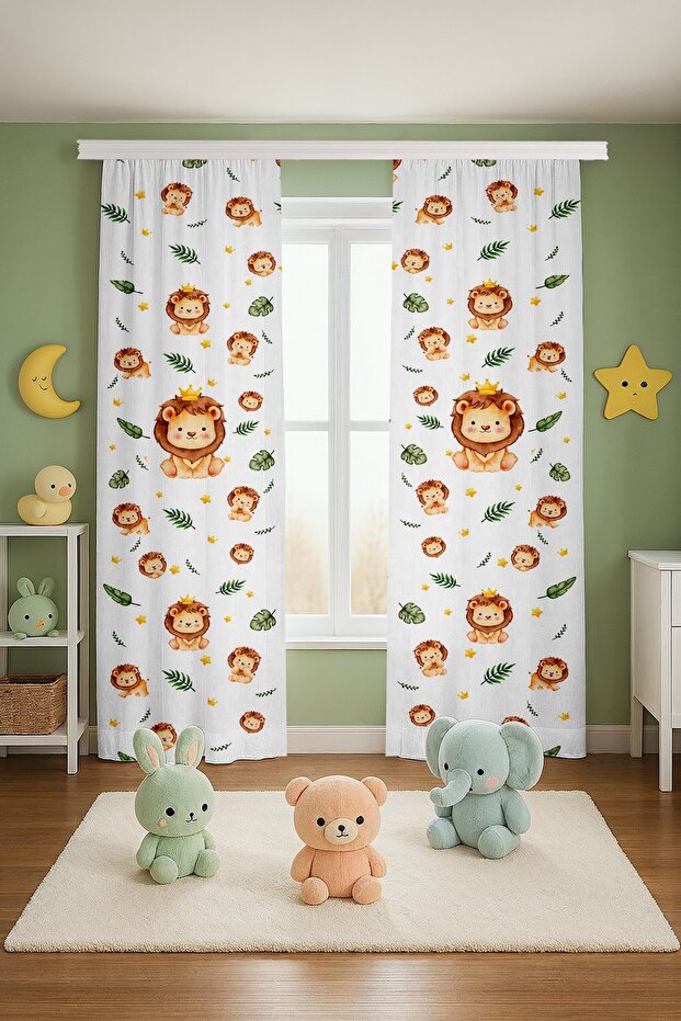 King Lions Patterned Children's Baby Room Background Curtain (Single Wing Pricing)