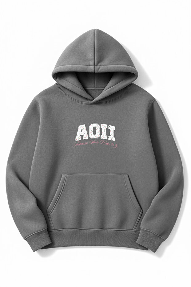 Oversized Smoke Gray Unisex Aoii Printed Hooded Sweatshirt
