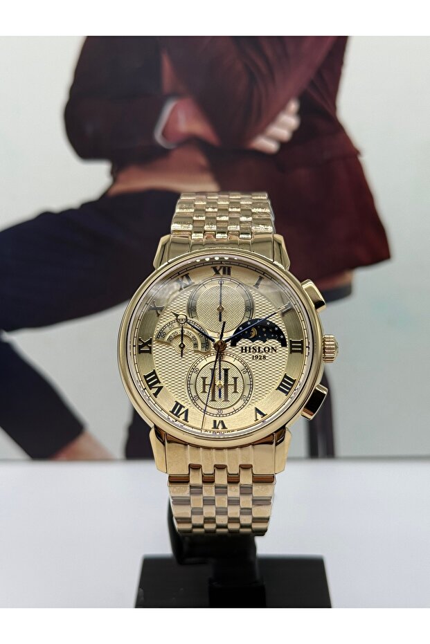 Gold Classic Men's Watch with Moon Phase 5 Atm Waterproof 3 Years Warranty