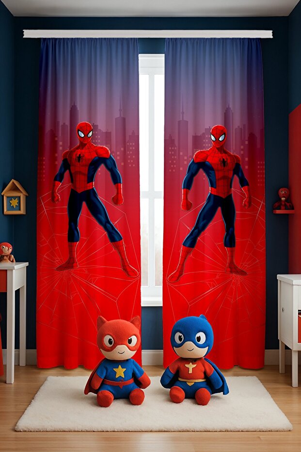 Red Spider-Man Patterned Children's Baby Room Background Curtain (Single Panel Pricing)