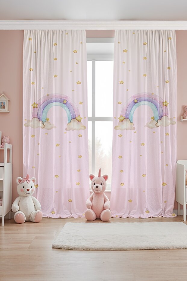 Powder Pink Rainbow Patterned Children's Baby Room Background Curtain (Single Panel Pricing)