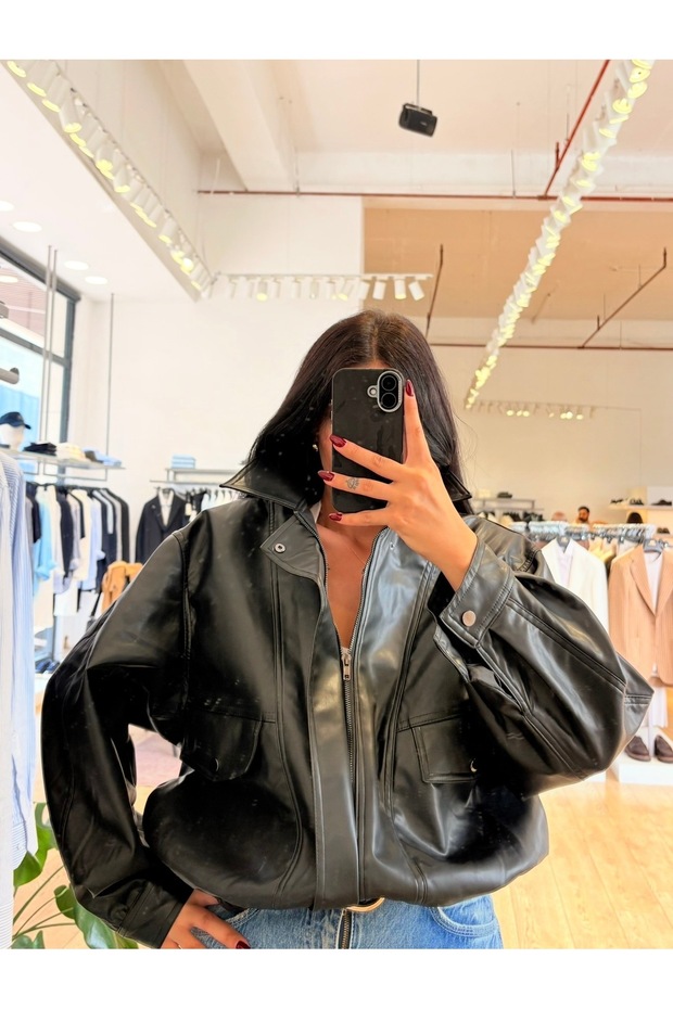 Siyah Oversize Deri Ceket