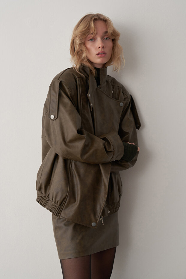 Haki Deri Bomber Ceket - 7