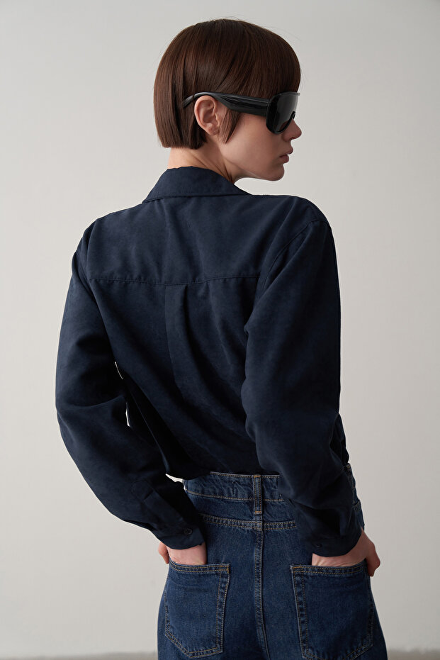 Lacivert Süet Oversize Gömlek - 1