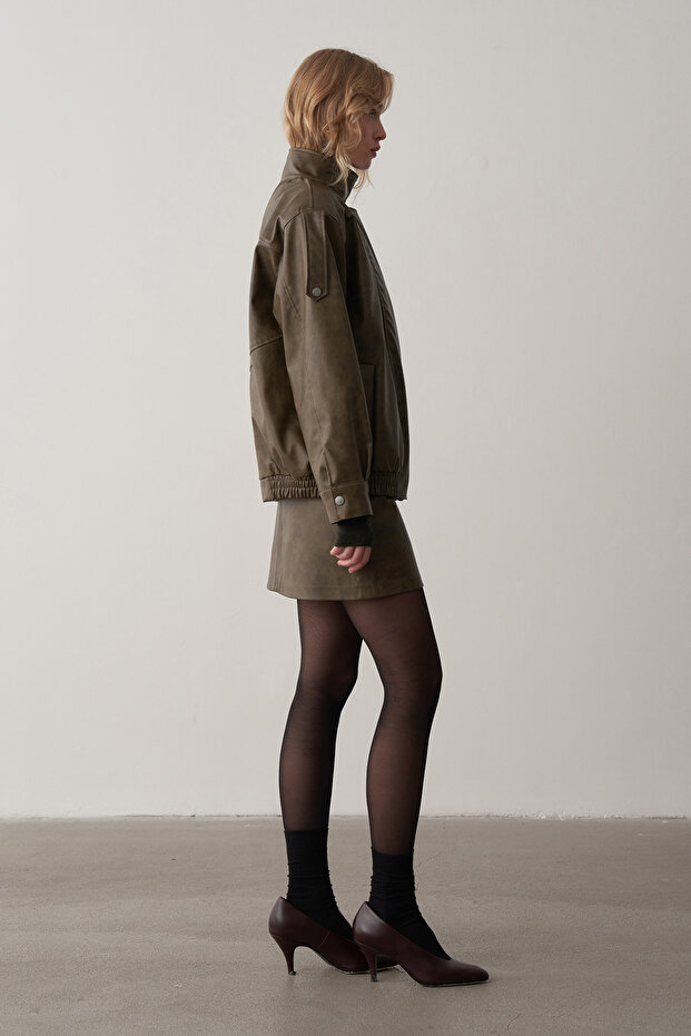 Haki Deri Bomber Ceket - 6