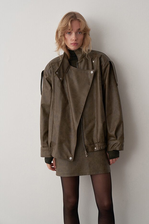 Haki Deri Bomber Ceket - 5